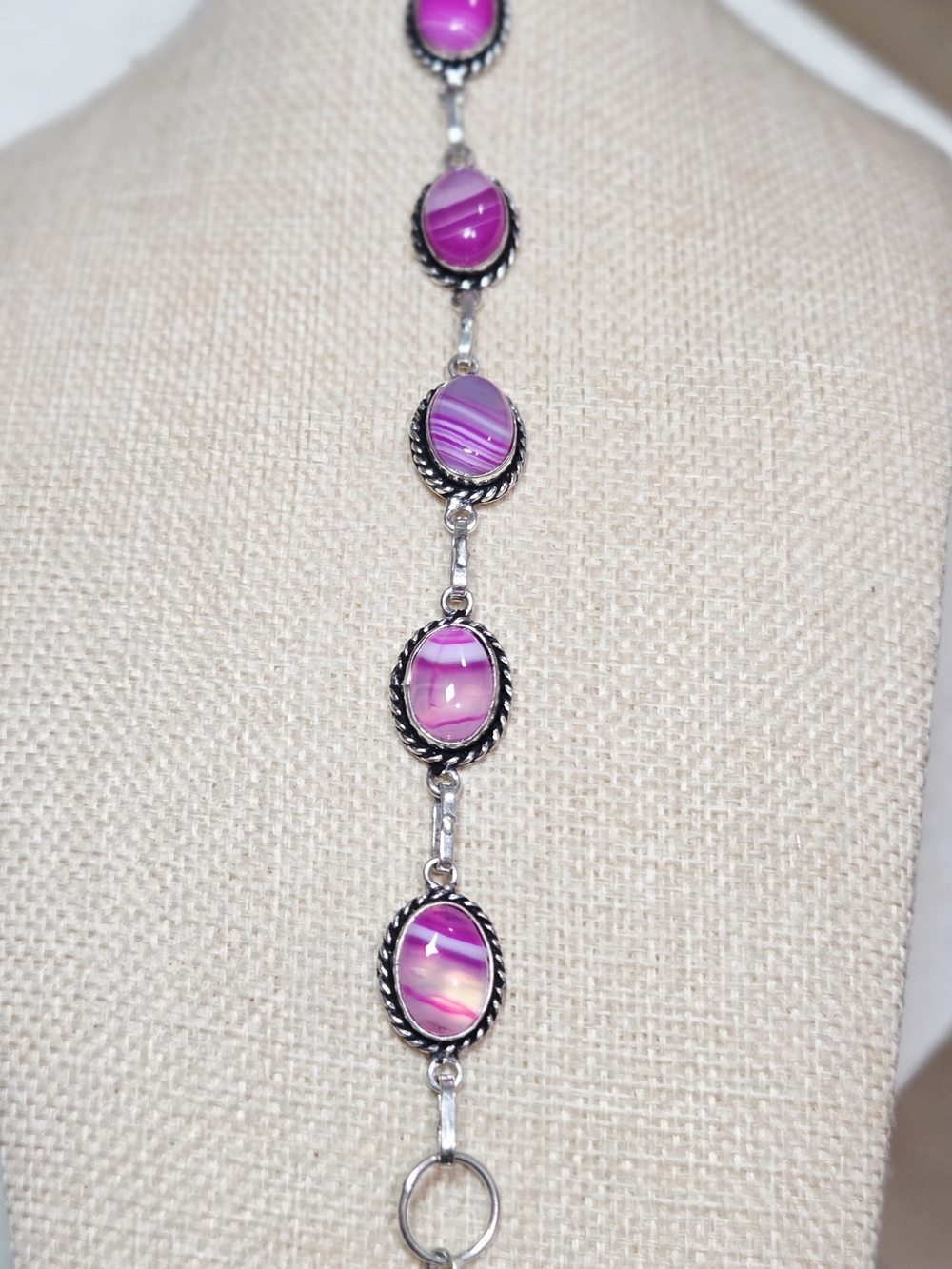 Silver Bracelet with Pink Agate Oval Stones - Women Jewelry